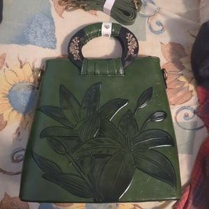 High Quality Well Crafted Green Flower Patterned Handbag With New Straps